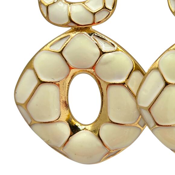 Pierced Earrings Crackled Cream Enamel Gold Tone Finish Geometric Drop SKU 2861 - Picture 3 of 6